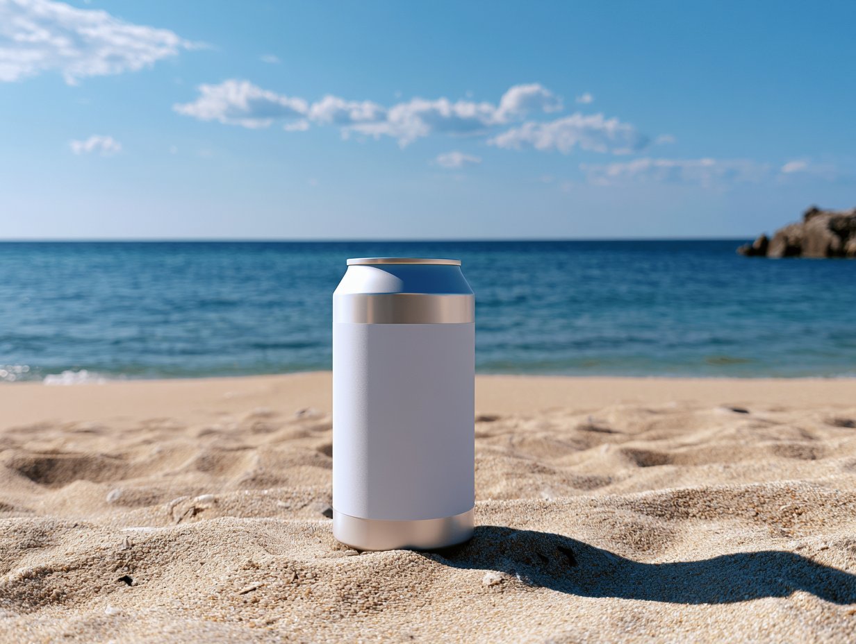 A blank white-labelled can standing on the sand with the sea behind it, waiting for its artwork